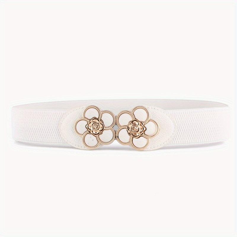 Flower Buckle Elastic Belt Women Vintage Wide Waist Seal Double Buckle