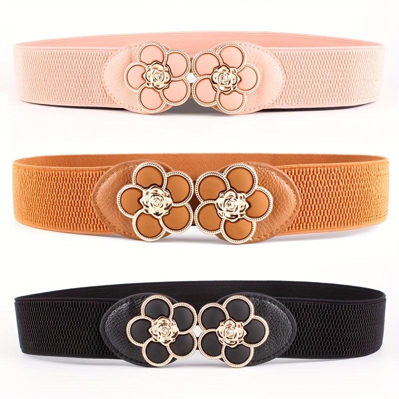 Flower Buckle Elastic Belt Women Vintage Wide Waist Seal Double Buckle