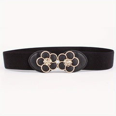 Flower Buckle Elastic Belt Women Vintage Wide Waist Seal Double Buckle
