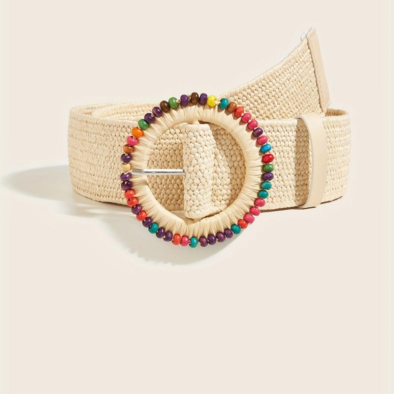 Boho Style Beaded Elastic Belt Colorful Wooden Beads Handwoven Round Buckle