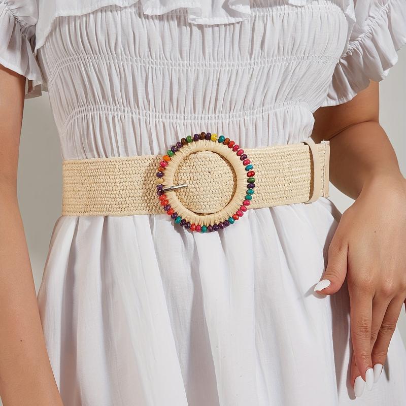 Boho Style Beaded Elastic Belt Colorful Wooden Beads Handwoven Round Buckle