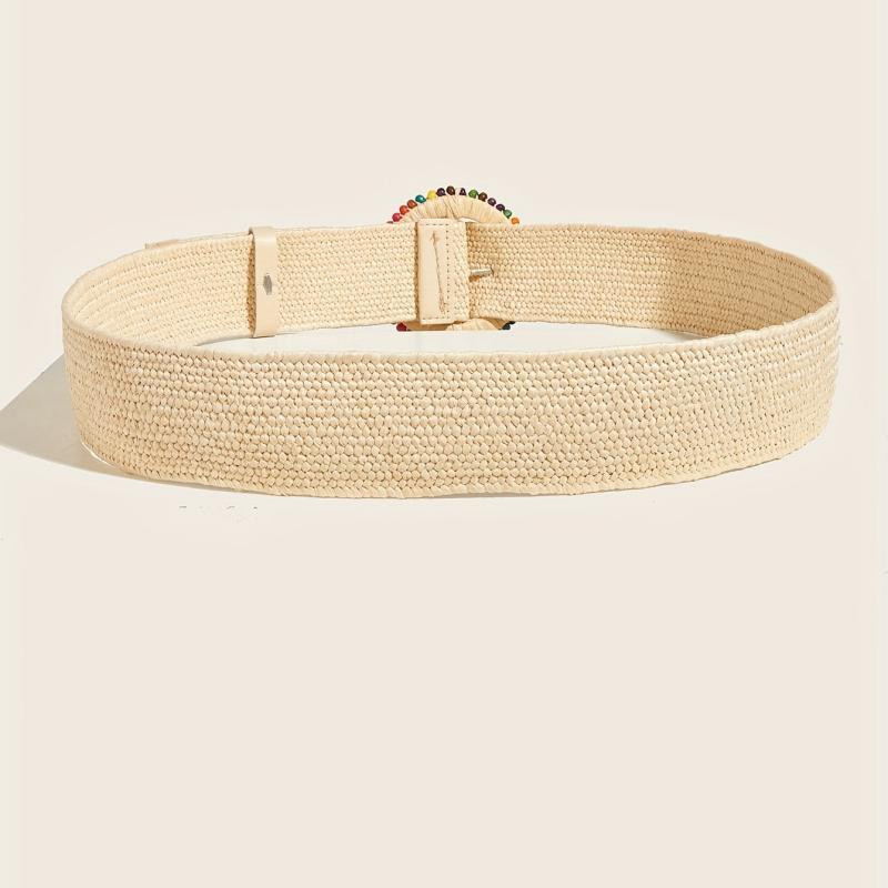 Boho Style Beaded Elastic Belt Colorful Wooden Beads Handwoven Round Buckle