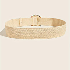 Boho Style Beaded Elastic Belt Colorful Wooden Beads Handwoven Round Buckle