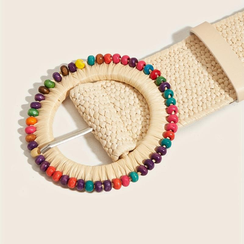 Boho Style Beaded Elastic Belt Colorful Wooden Beads Handwoven Round Buckle