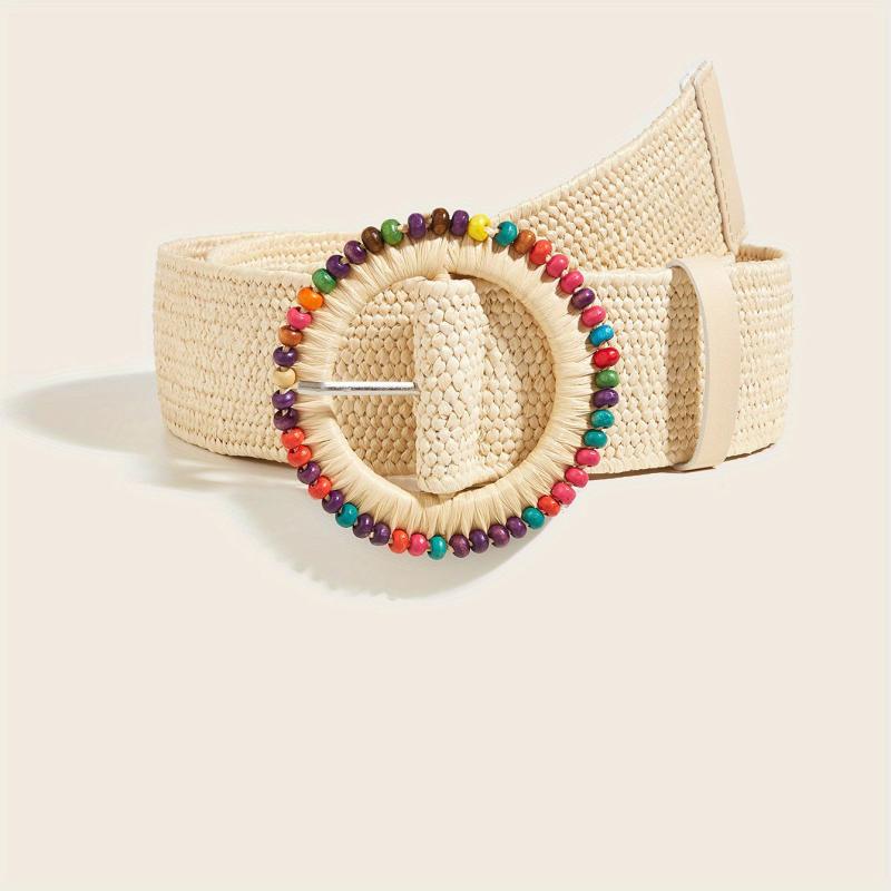 Boho Style Beaded Elastic Belt Colorful Wooden Beads Handwoven Round Buckle