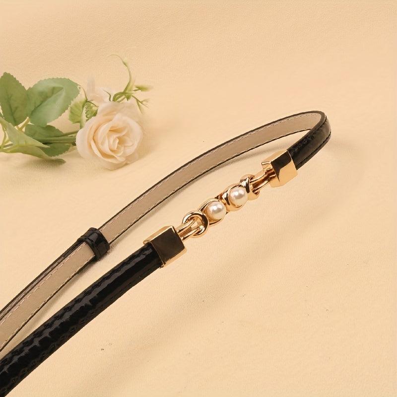 Adjustable PU Leather Belt with Faux Pearl Buckle