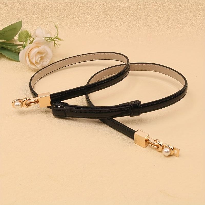 Adjustable PU Leather Belt with Faux Pearl Buckle