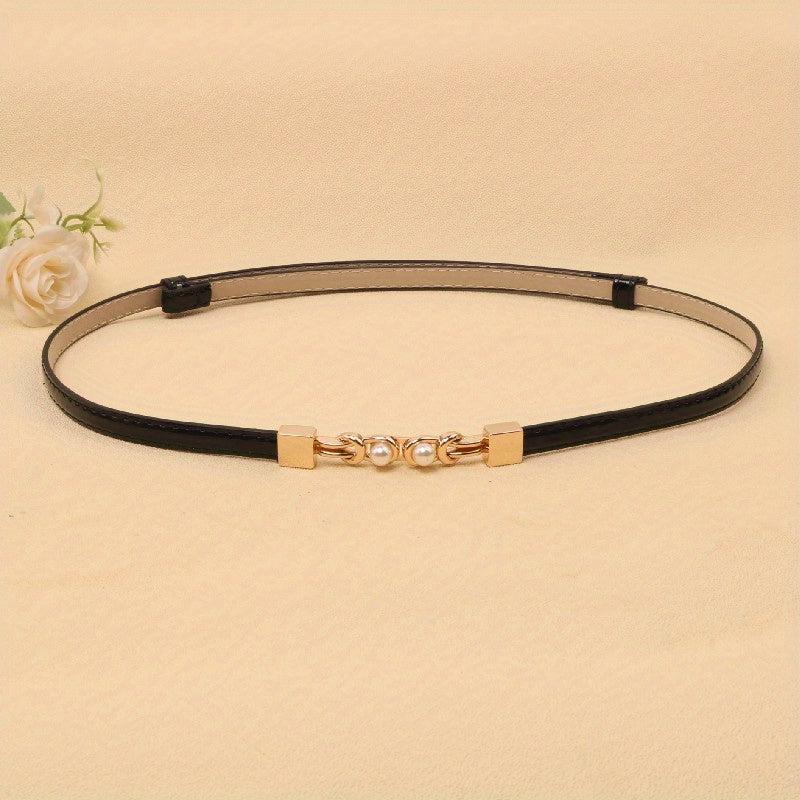 Adjustable PU Leather Belt with Faux Pearl Buckle