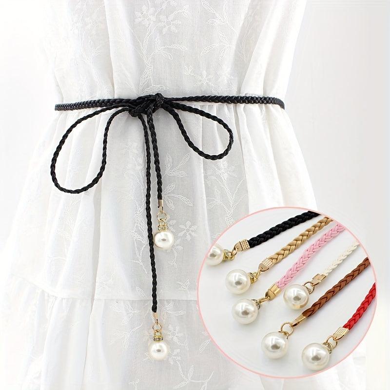 Faux Pearl Pendant Braided Belt for Women