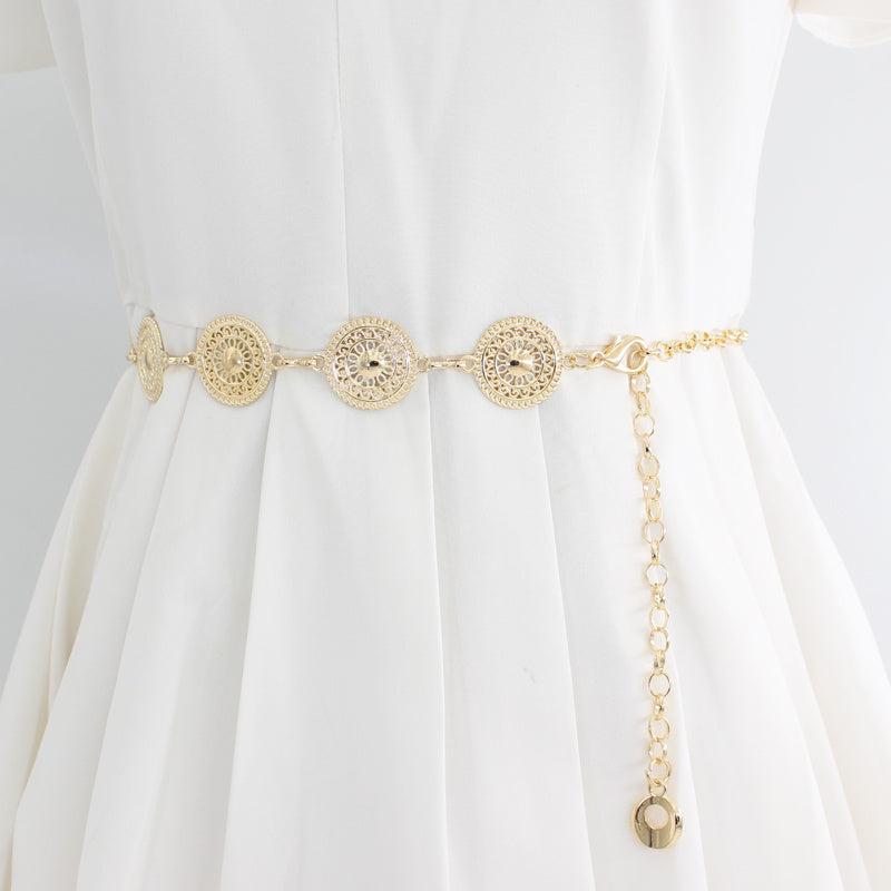 Women's Metal Chain Decoration Dress Belt Hollow Out Leaf Bead Pendant