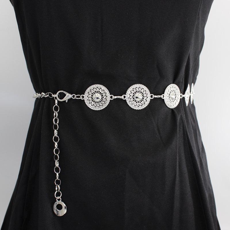 Women's Metal Chain Decoration Dress Belt Hollow Out Leaf Bead Pendant