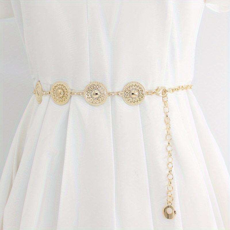 Women's Metal Chain Decoration Dress Belt Hollow Out Leaf Bead Pendant