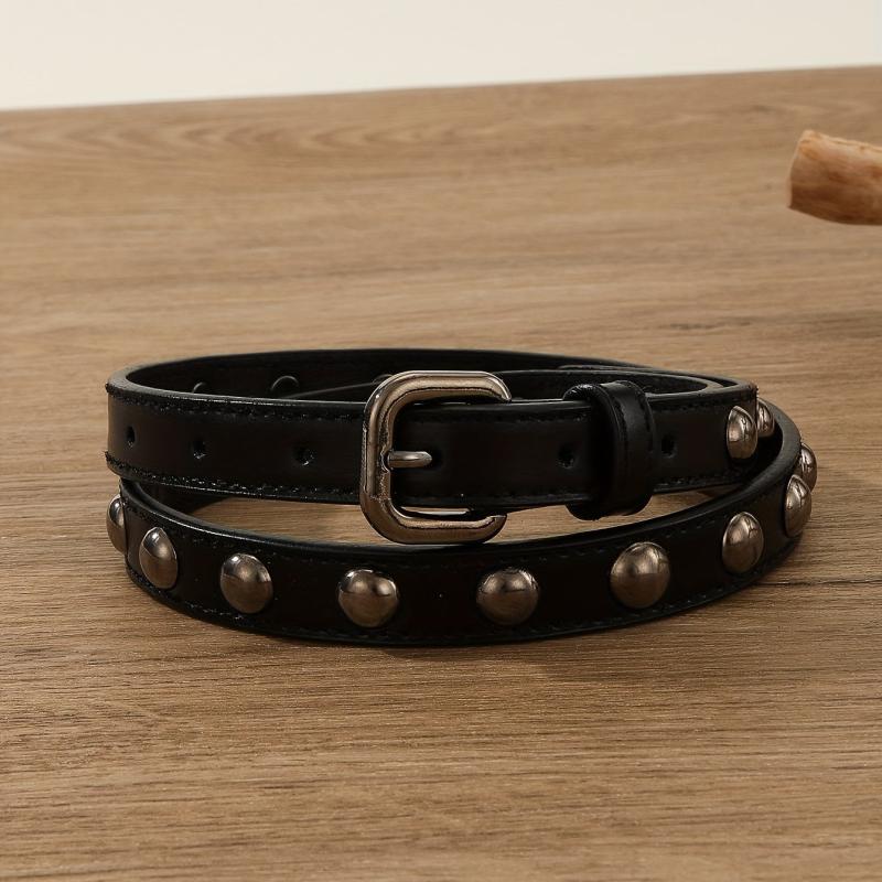 Vintage Rivet PU Belt Solid Punk Thin Belt Classic Square Pin Buckle