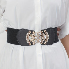 Rhinestone Decor Buckle Belt Elastic Wide Waistband for Women