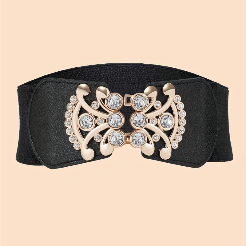 Rhinestone Decor Buckle Belt Elastic Wide Waistband for Women