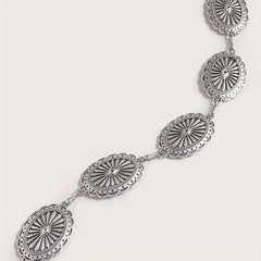 Silvery Hollow Oval Waist Chain Geometric Flower Carved Metal Body Chain