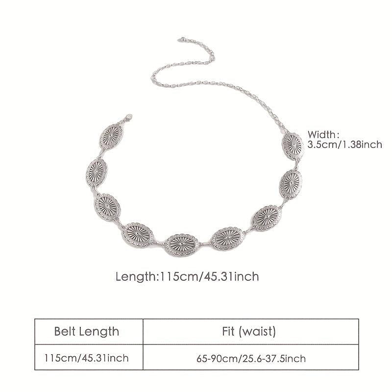 Silvery Hollow Oval Waist Chain Geometric Flower Carved Metal Body Chain