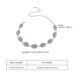 Silvery Hollow Oval Waist Chain Geometric Flower Carved Metal Body Chain