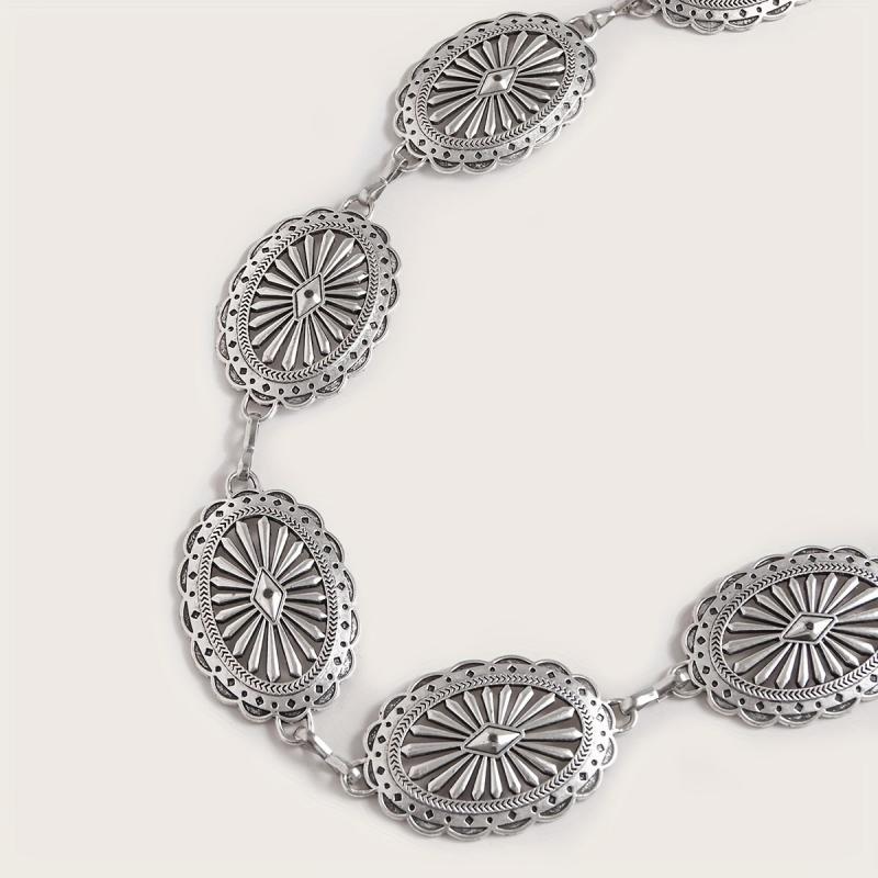 Silvery Hollow Oval Waist Chain Geometric Flower Carved Metal Body Chain