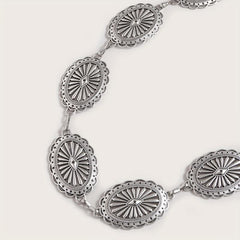 Silvery Hollow Oval Waist Chain Geometric Flower Carved Metal Body Chain