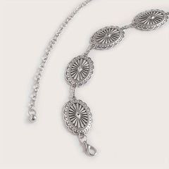 Silvery Hollow Oval Waist Chain Geometric Flower Carved Metal Body Chain