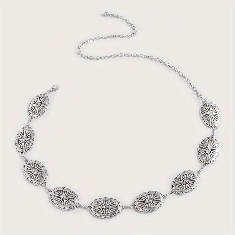 Silvery Hollow Oval Waist Chain Geometric Flower Carved Metal Body Chain