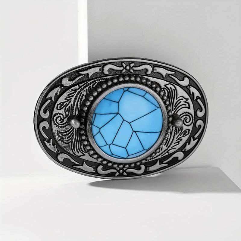 Boho Turquoise Oval Belt Buckle Vintage Carved Cowboy Cowgirl Belt Buckle