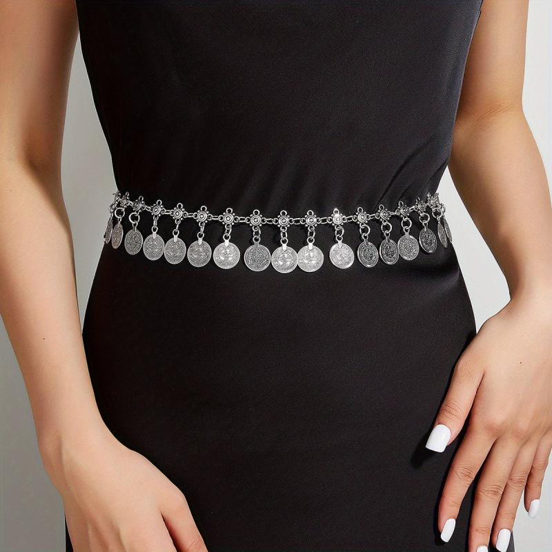 Vintage Boho Silvery Coin Pendant Waist Chain for Women