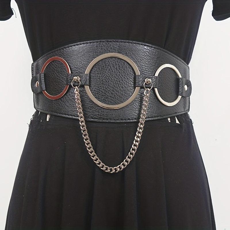 Three Ring Chain Fringe Belt Wide Punk Waistband Elastic Corset Belt For Women