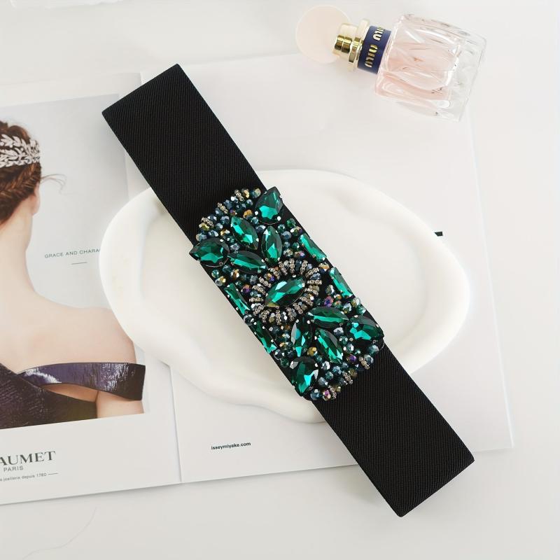 Green Rhinestone Wide Belt Full Crystal Buckle Vintage Elastic Waistband