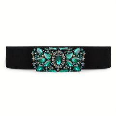 Green Rhinestone Wide Belt Full Crystal Buckle Vintage Elastic Waistband