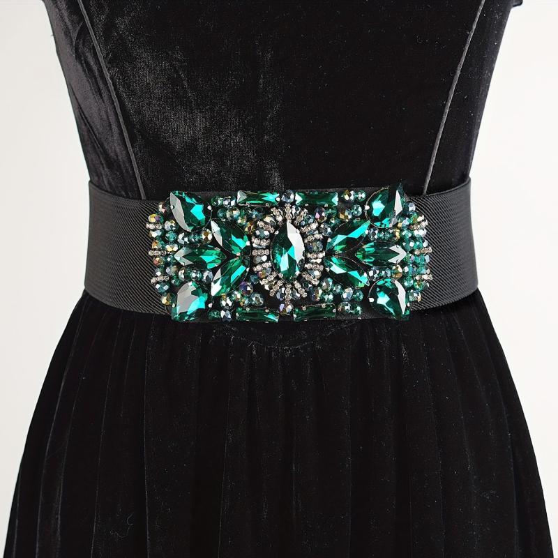 Green Rhinestone Wide Belt Full Crystal Buckle Vintage Elastic Waistband