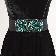 Green Rhinestone Wide Belt Full Crystal Buckle Vintage Elastic Waistband