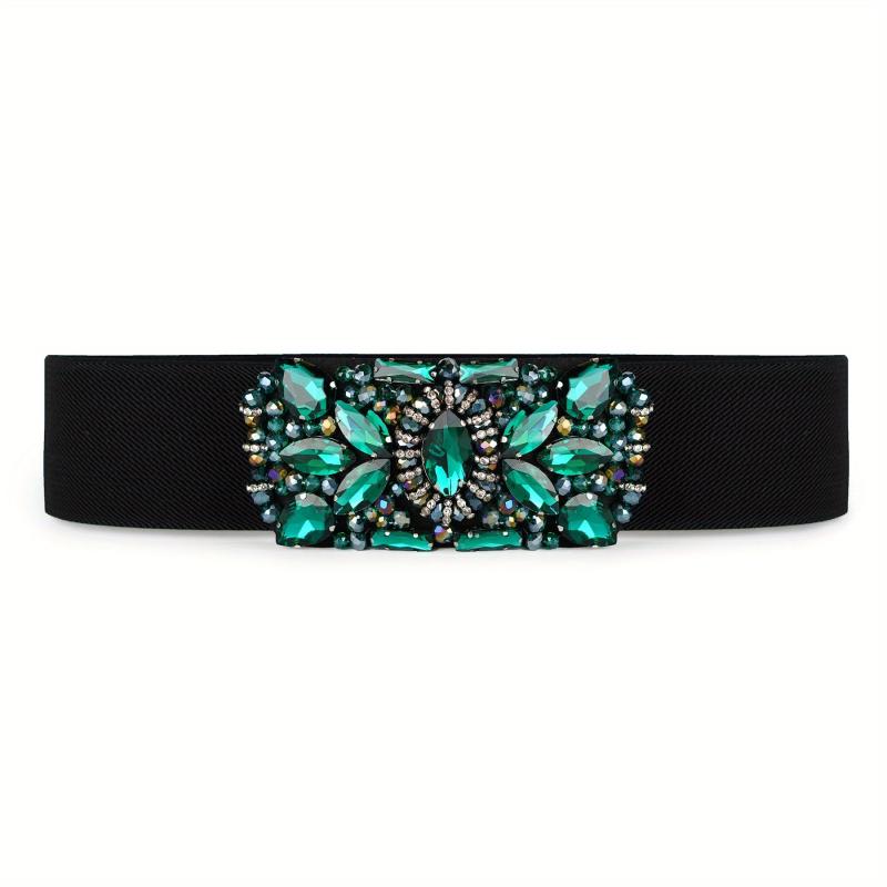 Green Rhinestone Wide Belt Full Crystal Buckle Vintage Elastic Waistband