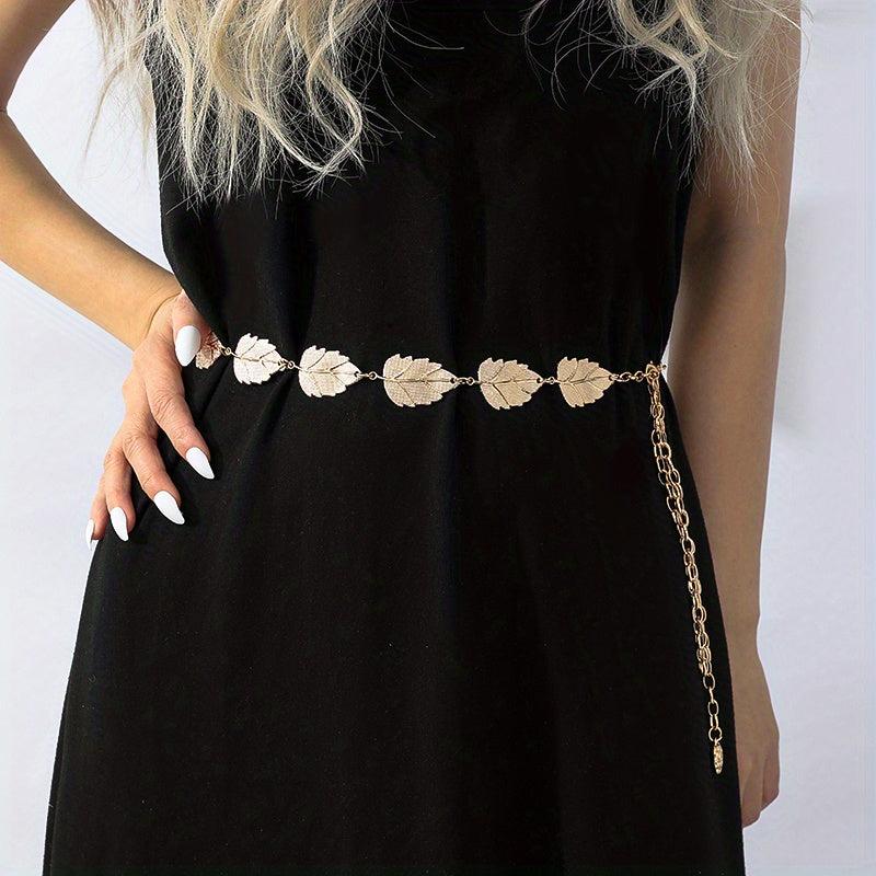 Golden Leaf Tassel Waist Chain Boho Metal Waistband Decorative Dress Girdle