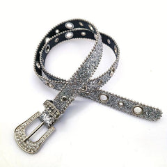 Eyelet Sequin Belt Silvery Hip Hop Thin PU Belt Jeans Pants Skirt Girdle