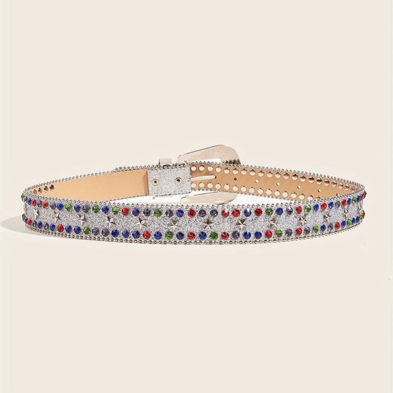 Colorful Rhinestone PU Belt Star Rivet Sparkly Beads Decor Sequin Belt