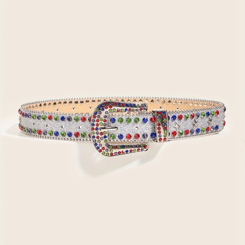 Colorful Rhinestone PU Belt Star Rivet Sparkly Beads Decor Sequin Belt