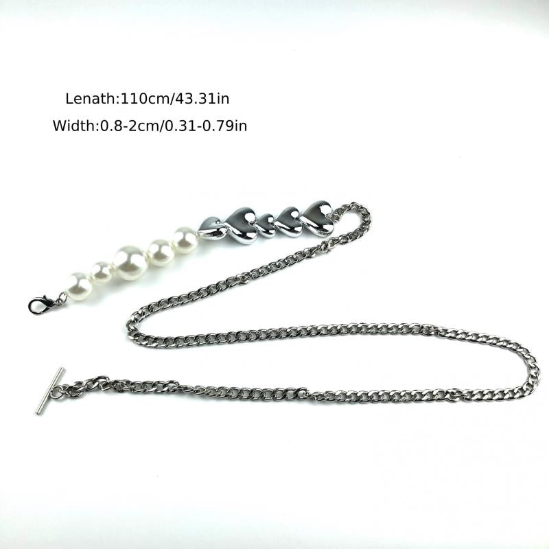Faux Pearl Waist Chain Heart Shaped Metal Belt for Women