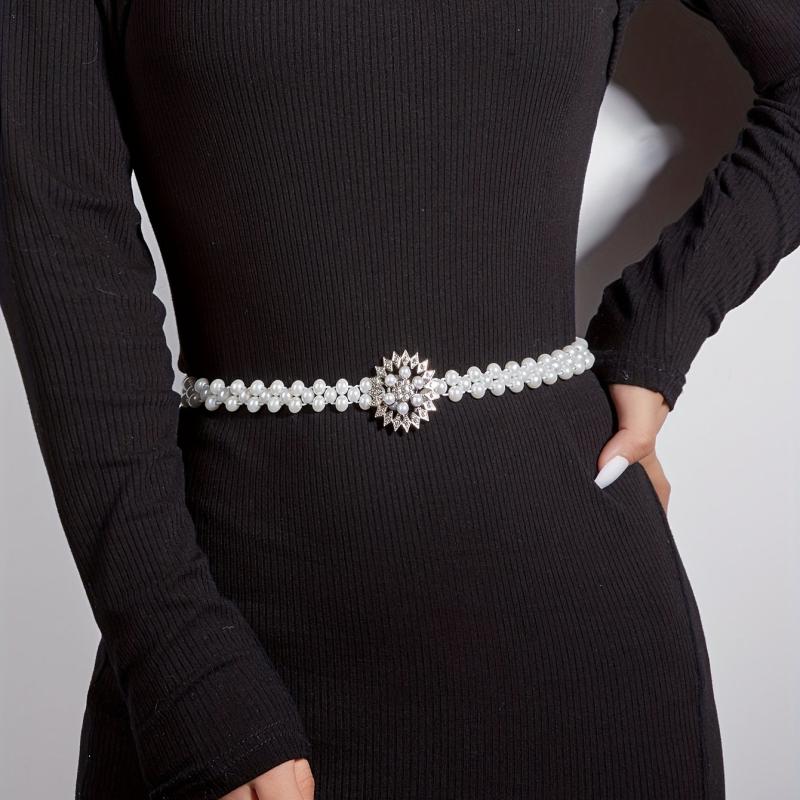 Sunflower Buckle Faux Pearl Chain Dress Belt