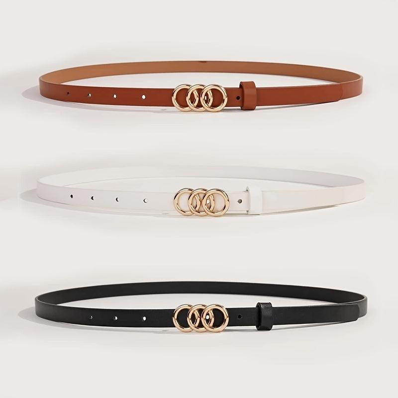 Triple Rings Buckle Belt Set PU Leather Thin Belt Casual Pin Waist Bands