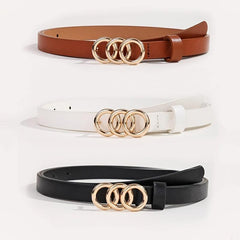 Triple Rings Buckle Belt Set PU Leather Thin Belt Casual Pin Waist Bands
