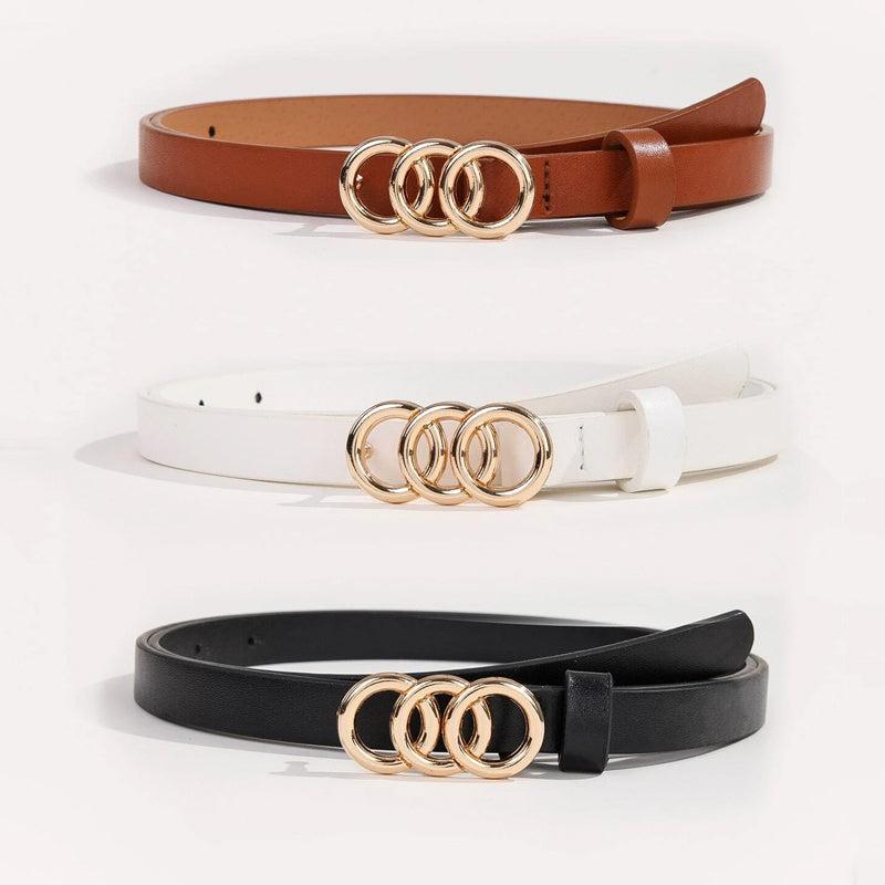 Triple Rings Buckle Belt Set PU Leather Thin Belt Casual Pin Waist Bands