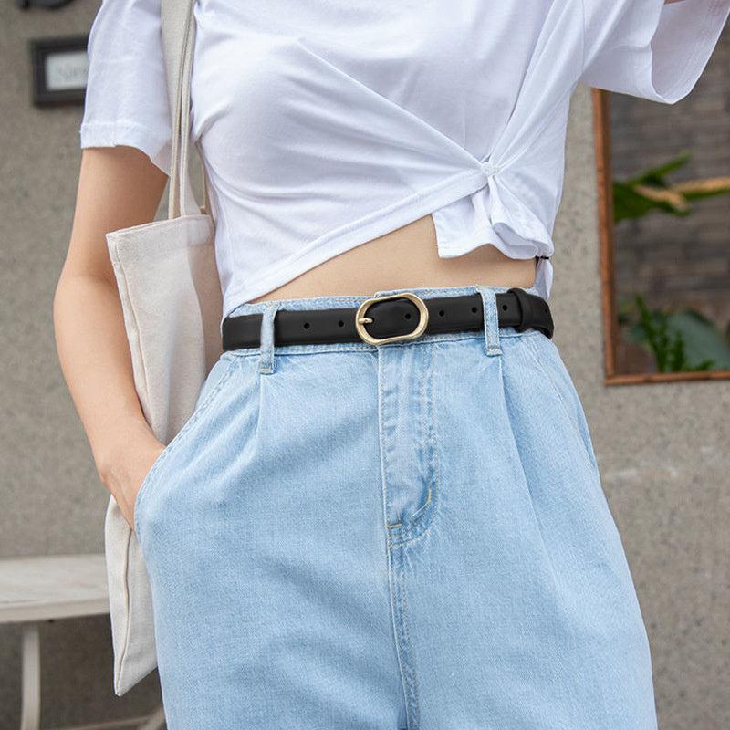 Vintage Belt w/ Golden Buckle PU Belt For Trousers Jeans