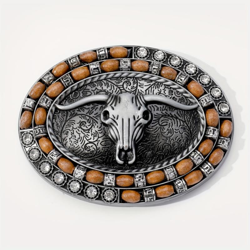 Boho Oval Belt Buckle Rhinestone Beads Inlaid Horn Bull Western Buckle