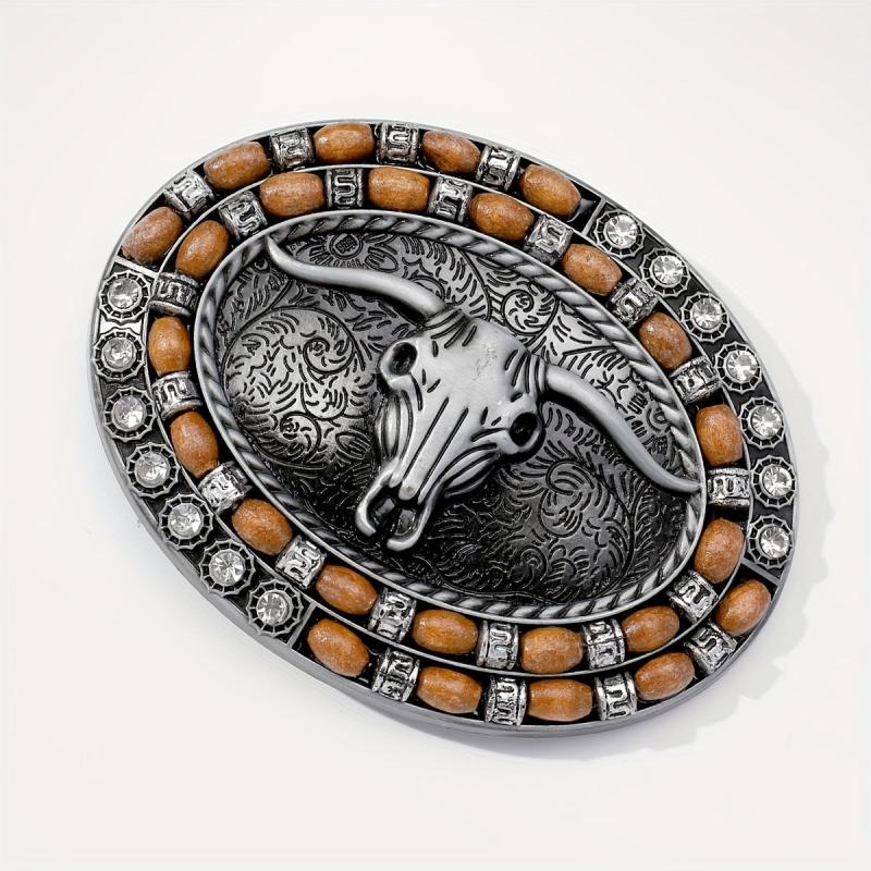 Boho Oval Belt Buckle Rhinestone Beads Inlaid Horn Bull Western Buckle