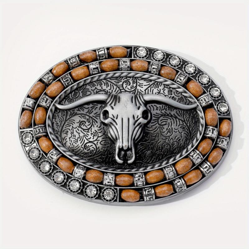 Boho Oval Belt Buckle Rhinestone Beads Inlaid Horn Bull Western Buckle