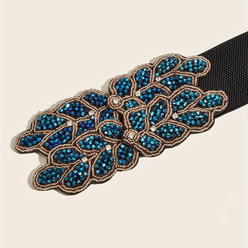 Wide Elastic Belt Double Row Rhinestone Flower Waistband