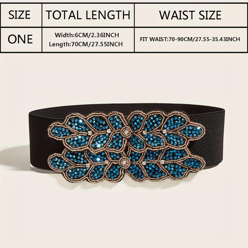 Wide Elastic Belt Double Row Rhinestone Flower Waistband