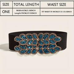 Wide Elastic Belt Double Row Rhinestone Flower Waistband